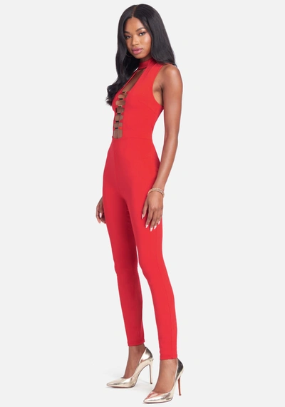 Bebe Gold Bar Detail Jumpsuit In Fiery Red