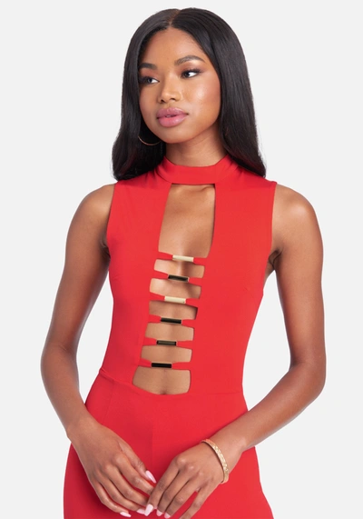 Shop Bebe Gold Bar Detail Jumpsuit In Fiery Red
