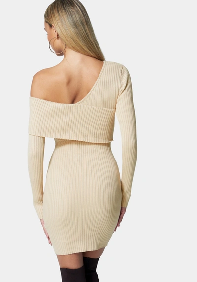 Shop Bebe Asymmetrical Off Shoulder Sweater Dress In Ivory Cream