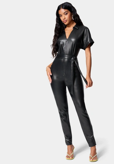 Shop Bebe Vegan Leather Moto Jumpsuit In Black