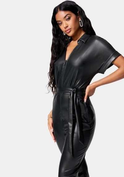 Shop Bebe Vegan Leather Moto Jumpsuit In Black