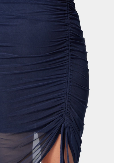 Bebe Long Sleeve Mesh Ruched Dress In Navy