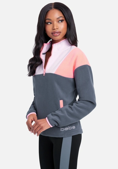 Bebe Logo Fleece Color Block Pullover In Blue Smoke