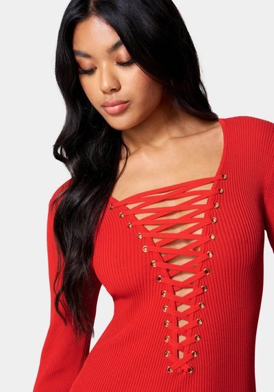 Shop Bebe Plunge Neck Lace Up Sweater Dress In Red Alert