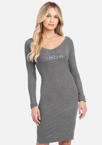 Shop Bebe Long Sleeve Logo Dress In Grey