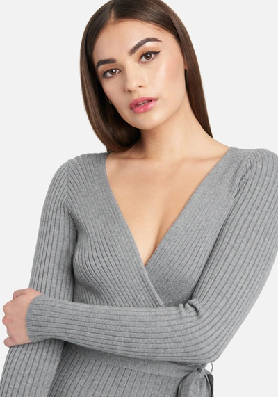 Shop Bebe Surplice Fit And Flare Sweater Dress In Heather Gray