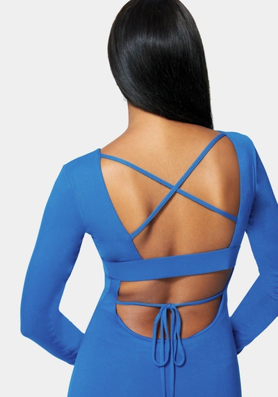 Bebe Open Back Ankle Dress In Blue Lolite