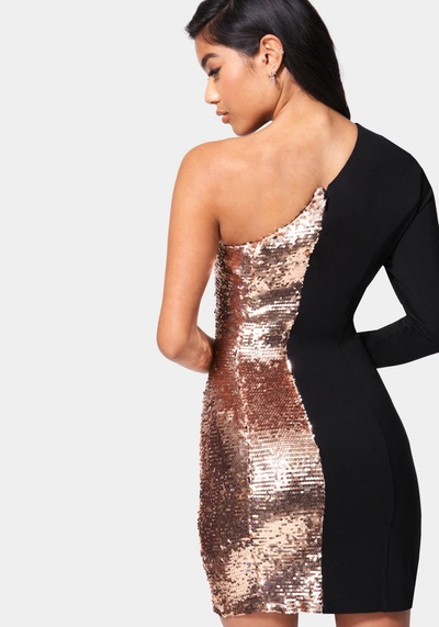 Bebe One Shoulder Sequin Blazer Dress In Black,gold