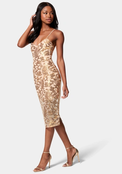 Bebe Sparkle Mesh Midi Dress In Gold