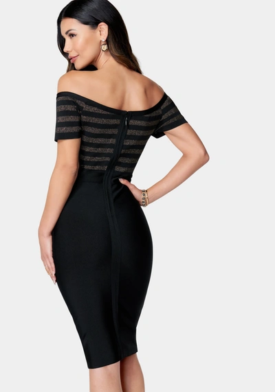 Bebe Off Shoulder Bandage Midi Dress In Black,gold