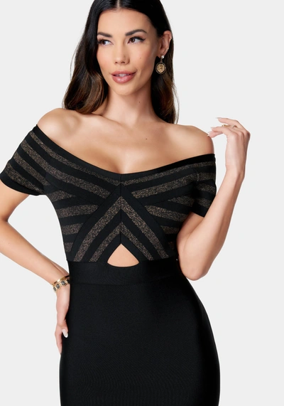 Bebe Off Shoulder Bandage Midi Dress In Black,gold