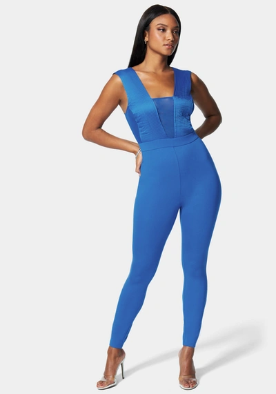 Shop Bebe Illusion Bodice Catsuit In Dazzling Blue