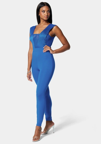 Shop Bebe Illusion Bodice Catsuit In Dazzling Blue