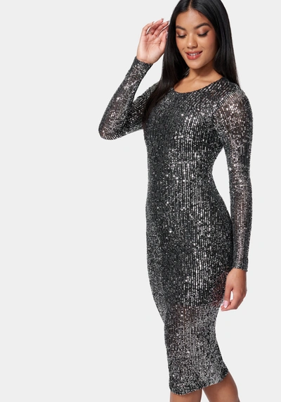 Bebe Sequin Cowl Back Midi Dress In Black,silver