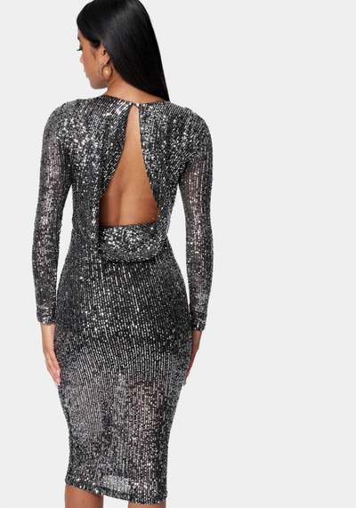 Bebe Sequin Cowl Back Midi Dress In Black,silver