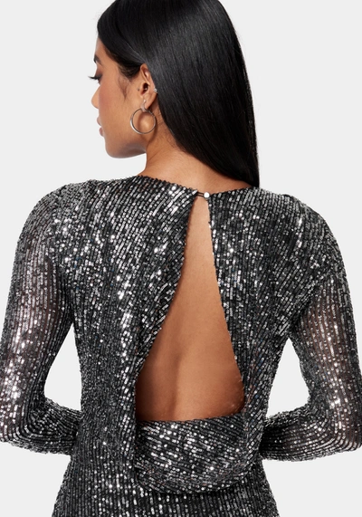 Bebe Sequin Cowl Back Midi Dress In Black,silver