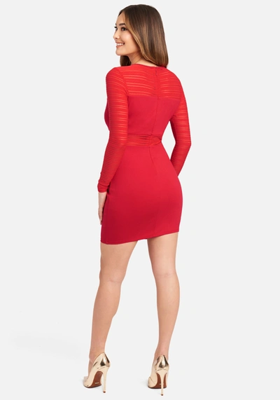 Bebe Long Sleeve Striped Mesh Mini Dress In True Red