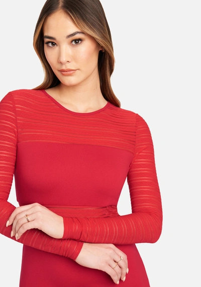 Bebe Long Sleeve Striped Mesh Mini Dress In True Red