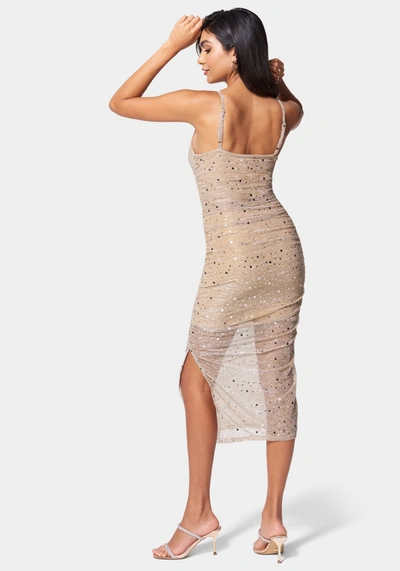 Bebe Embellished Mesh Shirred Midi Dress In Nude,silver