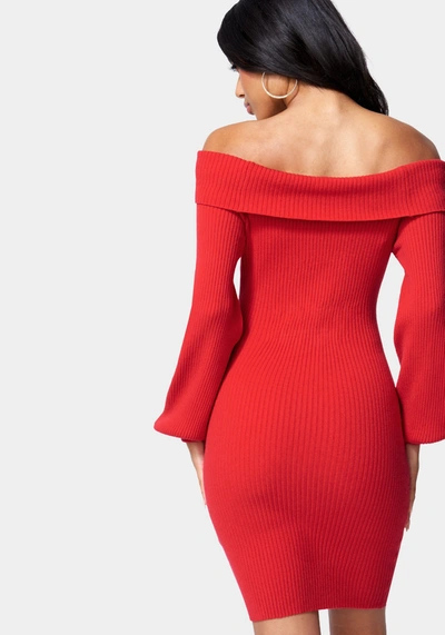 Shop Bebe Overlay Balloon Sleeve Knit Dress In True Red