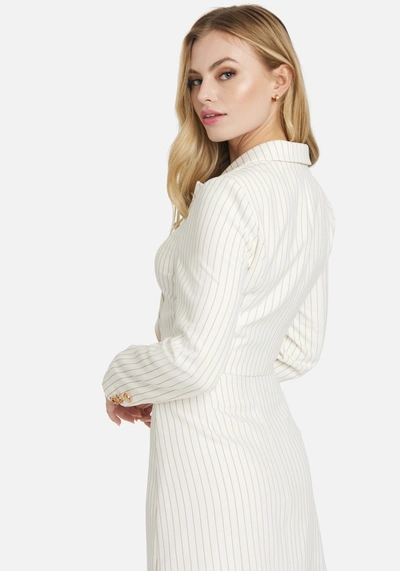 Shop Bebe Stripe Twill Double Breasted Short Jacket In White Alyssum,coffee