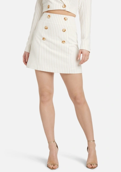 Shop Bebe Stripe Twill Button Detail A Line Skirt In White Alyssum,coffee