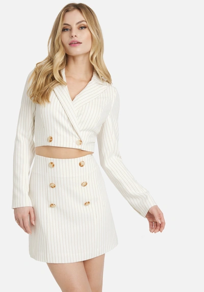 Shop Bebe Stripe Twill Button Detail A Line Skirt In White Alyssum,coffee