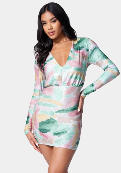 Shop Bebe Printed Blouson Lurex Mini Dress In Brush Print