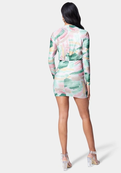 Shop Bebe Printed Blouson Lurex Mini Dress In Brush Print