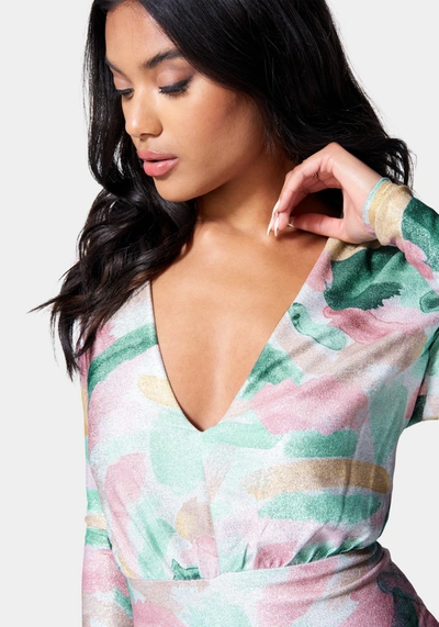 Bebe Printed Blouson Lurex Mini Dress In Brush Print