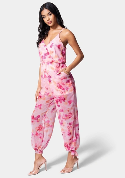 Bebe Printed Ankle Tie Jumpsuit In Blushing Romance