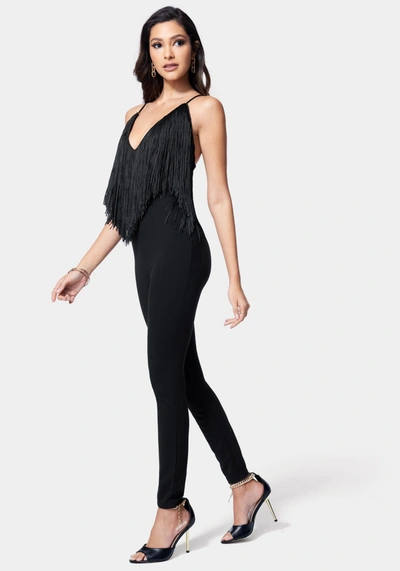 Bebe Juniors Womens V-neck Fringe Jumpsuit In Black
