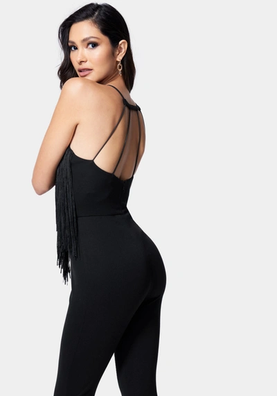 Bebe Juniors Womens V-neck Fringe Jumpsuit In Black