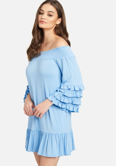 Bebe Off Shoulder Ruffle Smock Dress In Light Blue Bell