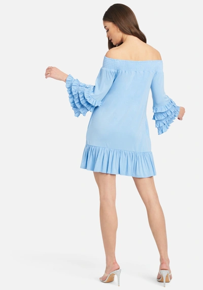 Bebe Off Shoulder Ruffle Smock Dress In Light Blue Bell