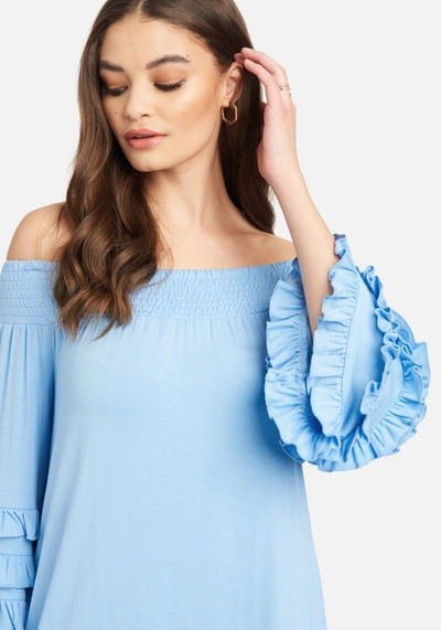 Bebe Off Shoulder Ruffle Smock Dress In Light Blue Bell