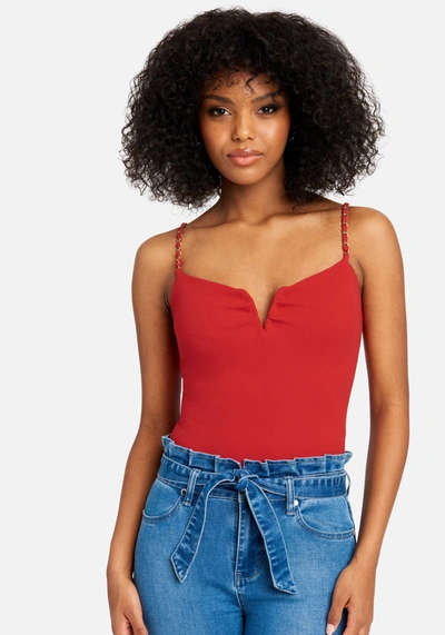 Shop Bebe Chain Strap Bodysuit In Tango Red