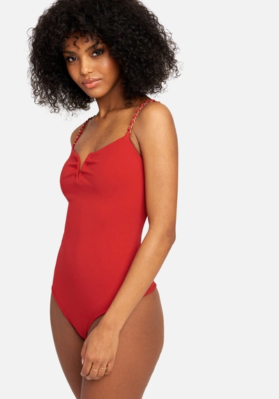 Shop Bebe Chain Strap Bodysuit In Tango Red