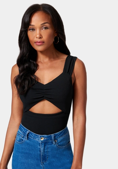 Bebe Ruched Sleeve Cutout Detail Top In Black