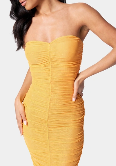 Bebe Strapless Sparkle Mesh Dress In Amber Yellow