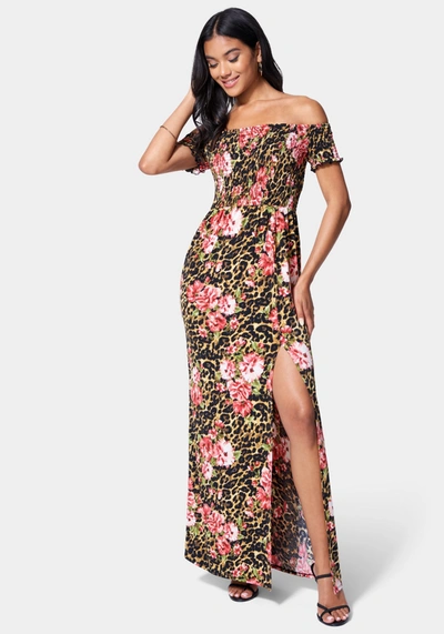 Shop Bebe Off Shoulder Slit Maxi Dress In Leopard Floral