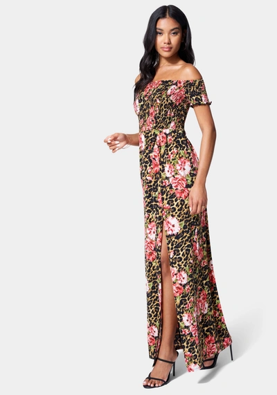 Shop Bebe Off Shoulder Slit Maxi Dress In Leopard Floral