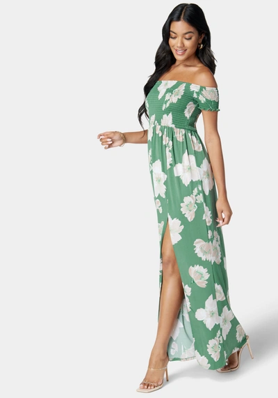 Bebe Off Shoulder Slit Maxi Dress In Lush Floral