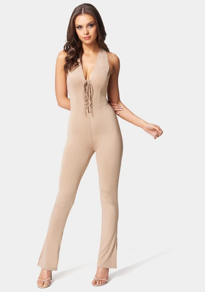 Bebe Womens Sleeveless Lace-up Jumpsuit In Cafe Au Lait