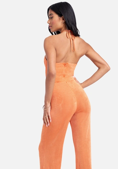 Bebe Halter Neck Wide Leg Jumpsuit In Apricot