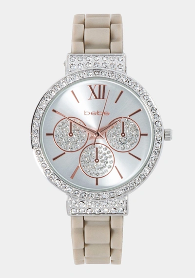 Shop Bebe Taupe Crystal Bezel Roman Numeral Watch In Silvertone And Taupe