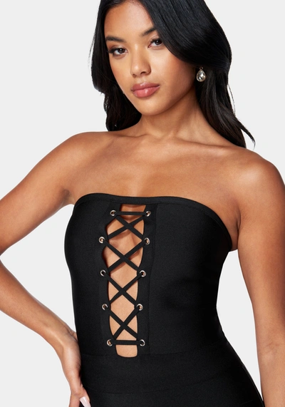 Bebe Bandage Lace-up Strapless Dress In Black
