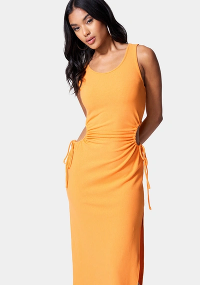 Shop Bebe Tie Side Cutout Slit Dress In Vibrant Orange