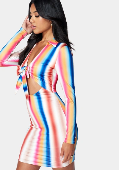 Shop Bebe Printed Tie Front Mini Dress In Ibiza Sunset