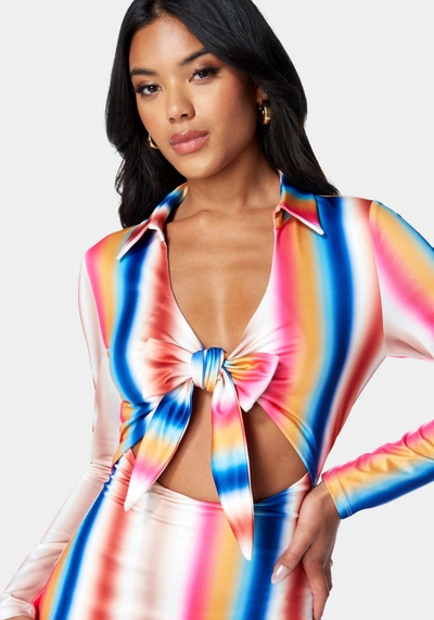 Shop Bebe Printed Tie Front Mini Dress In Ibiza Sunset
